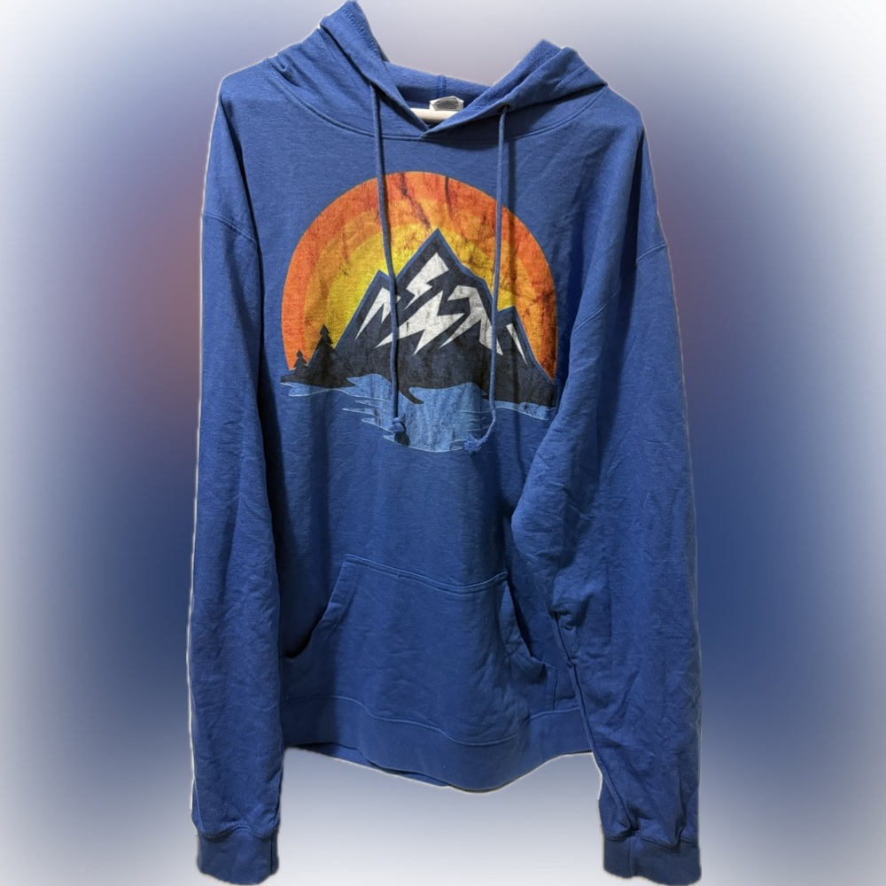 Blue Graphic Hoodie with Mountain & Sun Design